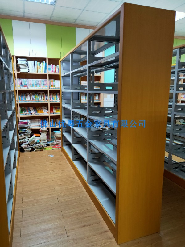 佛山木侧板书架双柱双面钢木书架组装阅览室木质书架厂家供货